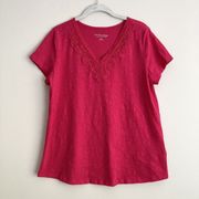 Soft Surroundings Womens Shirt Top Hot Pink V Neck Lace Short Sleeve Size Medium