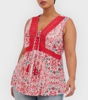 Torrid Babydoll Crinkle Gauze Crochet Inset Lace-Up Top Red Floral Size 1X