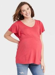 ISABEL Maternity Flutter Short Sleeve Tie Waist Maternity Top Coral small