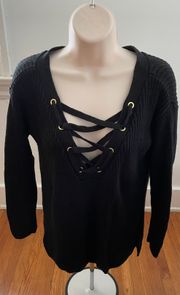 Black Ribbed Strappy V-neck Boho High Low Sweater, size S