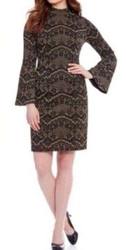 Alex Marie Aly Sparkly black/Gold Lace Jacquard Bell Sleeve Dress sz 8