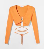 ribbed cropped long sleeve orange sweater top blouse with ring detail