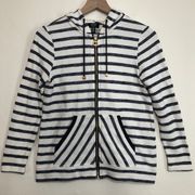 JONES NEW YORK SIGNATURE COTTON BLEND BLUE & WHITE STRIPED ZIP UP HOODIE SWEATER