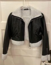 Black Faux Leather And Sherpa Bomber Jacket