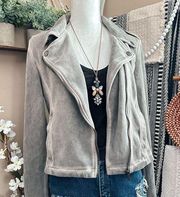 Shinestar Gray Faux Suede Off Center Zip Moto Bomber Jacket