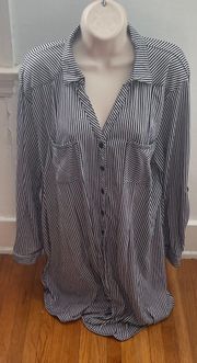 Passport Striped Black & White Button Up Roll Tab Sleeves Shirt, size 2X