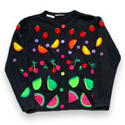 Vintage Cardigan Sweater Black Multicolor Fruit Print Crocheted Buttons Knit