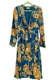 June & Hudson Teal Floral Long Sleeve Kimono Dress Sz M