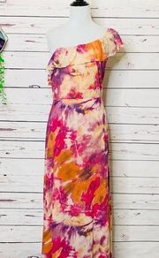 Bebe  One Shoulder Pink Purple Orange Floral Maxi Dress Size Small Spring Summer