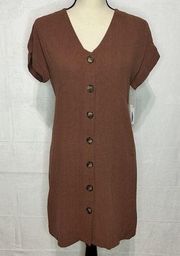 Fourteen & 9th V-Neck Button Front Cap Sleeve Linen Blend Dress Brown Sz M NWT