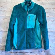 Mountain hardwear fuzzy jacket womens small teal pockets full zip up warm