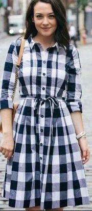 BODEN Blue & White Gingham Plaid Button Down Dress Sz 2R Cotton