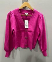 NWT Crown & Ivy Women Small Hot Pink Solid Cropped Cardigan Leopard Buttons Gold