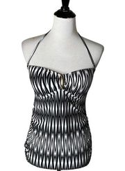 SPANX Swim Halter Top Black White Print Open Back Tankini Women's Size 8