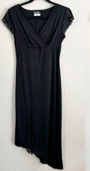 Vintage A. Byer 90s Y2K Asymmetrical V Cut Lace Trim Midi Dress Black small