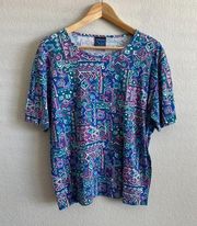 VINTAGE Jantzen 90s Geometric Blue Purple Floral T-Shirt Top Womens