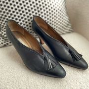 Vintage High Cut Evan Picone Black Leather Tassel Whipstitch Heels Shoes 9.5