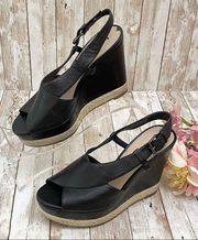Via Spiga Black Leather Peep Toe Wedge Sandals 7
