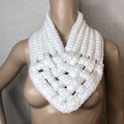 Handmade Crochet White Lattice Cowl Infinity Scarf