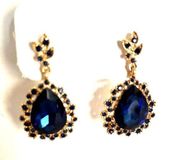 Gold Tone and Blue Faux Sapphire Tear Drop Pierced Earrings Cocktail Rhinestone