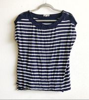 Pleione Tee Striped Navy Blue & White Zipper at Shoulders Top Scoop Neck XL EUC