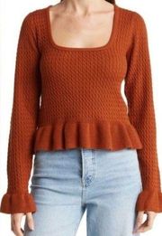 WAYF Square Neck Ruffle Peplum Sweater Top - Rust M