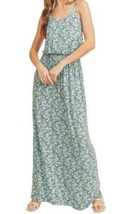 Lush Women's Green/Blue Floral Knit Maxi Dress Adjustable Straps Pull On M NWT