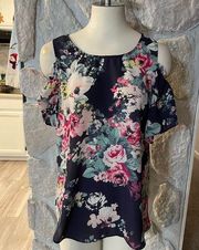 A.Byer Blue Floral Print Cold Shoulder Short Sleeve Blouse- Size Medium