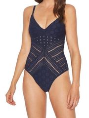 New. Clarissa navy v-neck crochet swimsuit. NWT