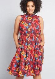 Modcloth Dress Size M High Neck Multi Floral Sleeveless Pleated V-neck Dress