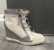 Gray for Saks Fifth Avenue Suede Leather Metallic Lace Up Wedge Booties sz 6.5