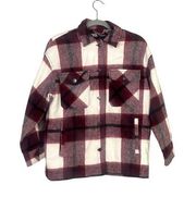 ZARA Wool Blend Button Down Long Sleeve Plaid Shacket Coat Pockets XS Maroon