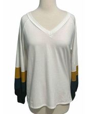 Fantastic Fawn Color Block Long Sleeve T-Shirt V Neck White Green Yellow Small