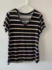 Nine West Soft Spun Tee V-neck Striped Short Sleeve Black Purple Gold M