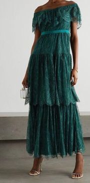 Off The Shoulder Tiered Lace Maxi Dress In Emerald Green