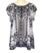 Live and Let Live women's medium short sleeve top black white tan sequin