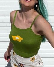 SheIn  Olive Green with Yellow Flower Knit Cropped Tank Top