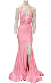 Jessica Angel 2348 Plunging Neckline High Leg Slit Gown Bubblegum Size XS NWT