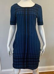 Andrew Marc Checkered Knee Length Dress in Black and Blue