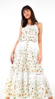 Dress Margarete Midi Floral Tiered Embroidered Swiss-Dot White S NWT