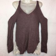 Mauve Cold Shoulder Sweater w/ Peekaboo Lace