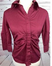 Cotton Express blouse size Small Button front Ruched Maroon Nylon Stretch Shirt