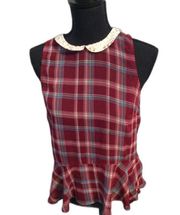 Hollister Sheer Peplum Top Plaid Gold Floral Collar Sleeveless Medium M