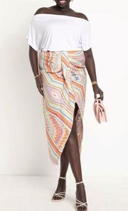 Eloquii Skirt Womens 16 Orange Patterned Midi Slit Bohemian Fitted