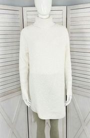 Express Ribbed Asymmetrical Hem Split Side Long Sweater Cream Large Turtle Neck