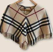 Burberry London Authentic Nova Check plaid poncho fringe lambswool one size