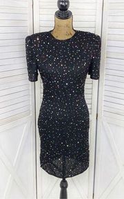 Laurence Kazar Vintage Rainbow Sequin Beaded Cocktail Dress Black Petite Party