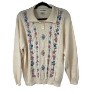 Vintage 90’s Cream Floral Embroidered Collared Grandma Sweater