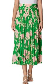 Abstract Floral Print Double Slit Pleated Midi Skirt Green Pink Size 10