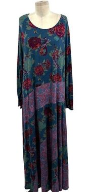 Soft Surroundings Ismerelda Long Sleeve Floral Teal Maxi Dress Plus Size 1X